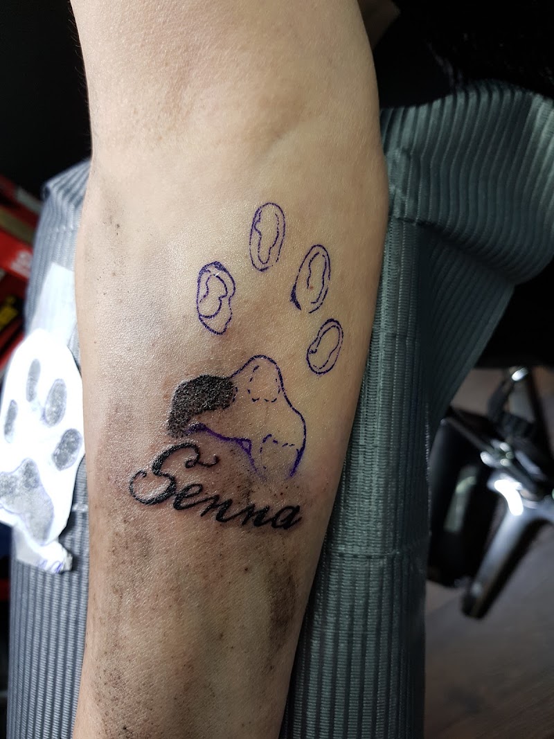 Hondenpootafdruk met naam 'Senna' in sierletters op onderarm.