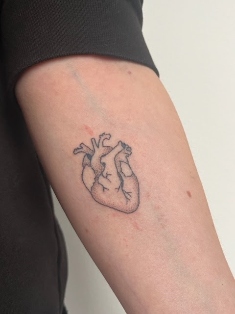 Minimalistisch anatomisch hart met dotwork op bovenarm.