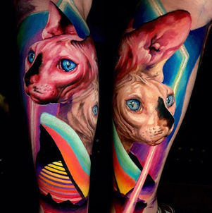 Kleurrijke realistische Sphynx katten met neon retro achtergrond op onderbenen.