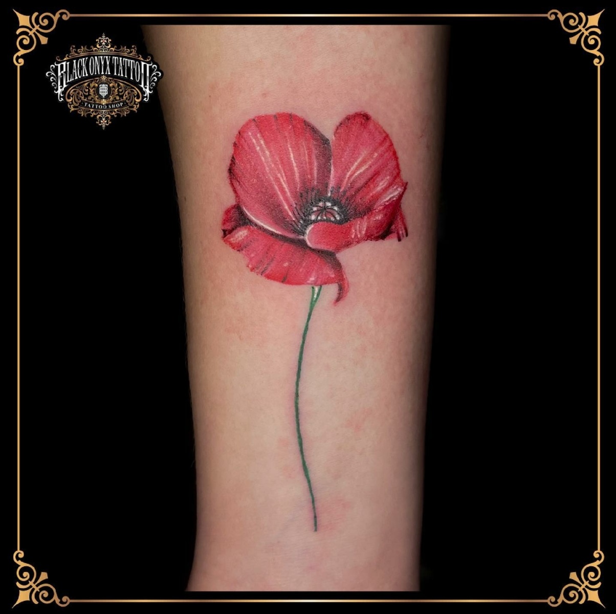 Realistische rode klaproos tattoo op de onderarm.