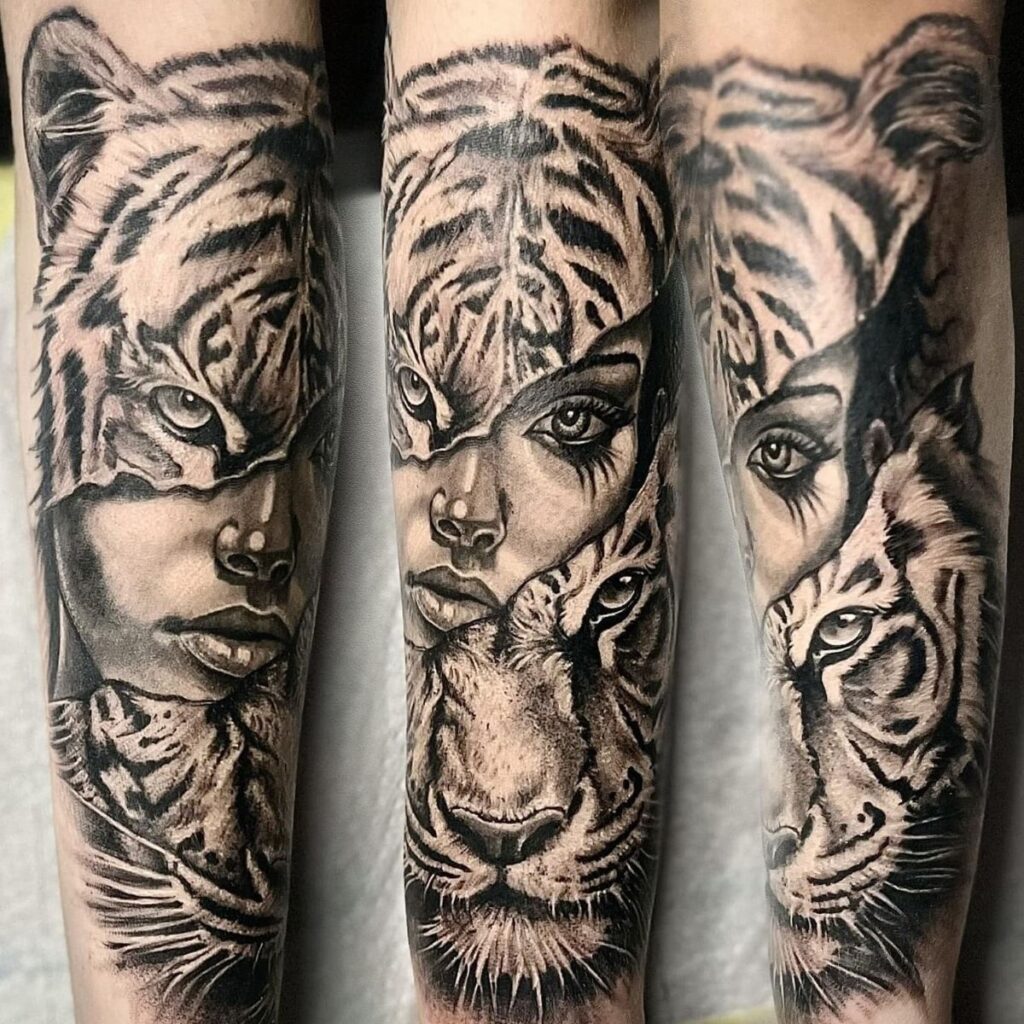 Realistische tattoo van vrouw met tijgerhoofddeksel en tijger op onderarm.