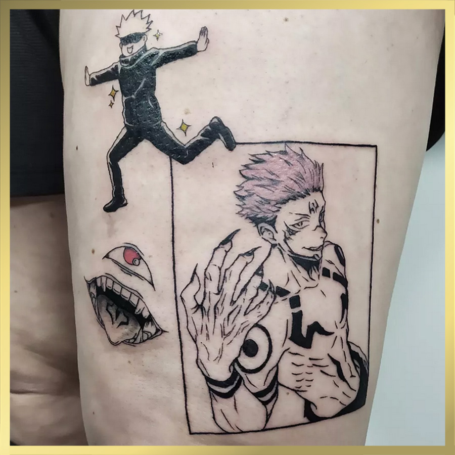 Drie Jujutsu Kaisen tattoos: Gojo, Sukuna en Sukuna's mond op bovenbeen.