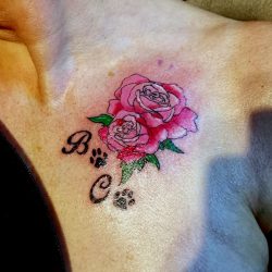 Roze rozen met initialen 'B' en 'C' en hondenpootjes op de borst.