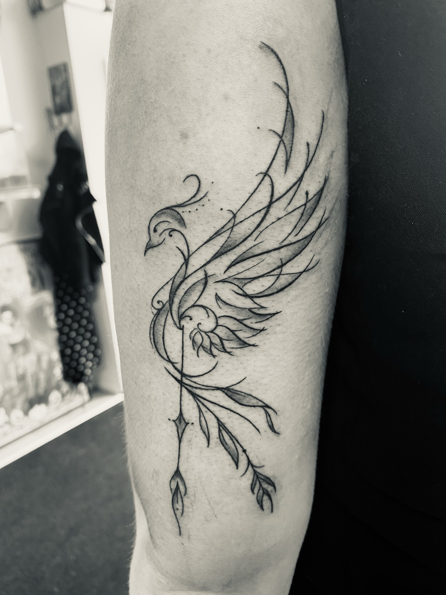 Elegante fineline feniks of vogel met vloeiende lijnen en bladeren op bovenarm