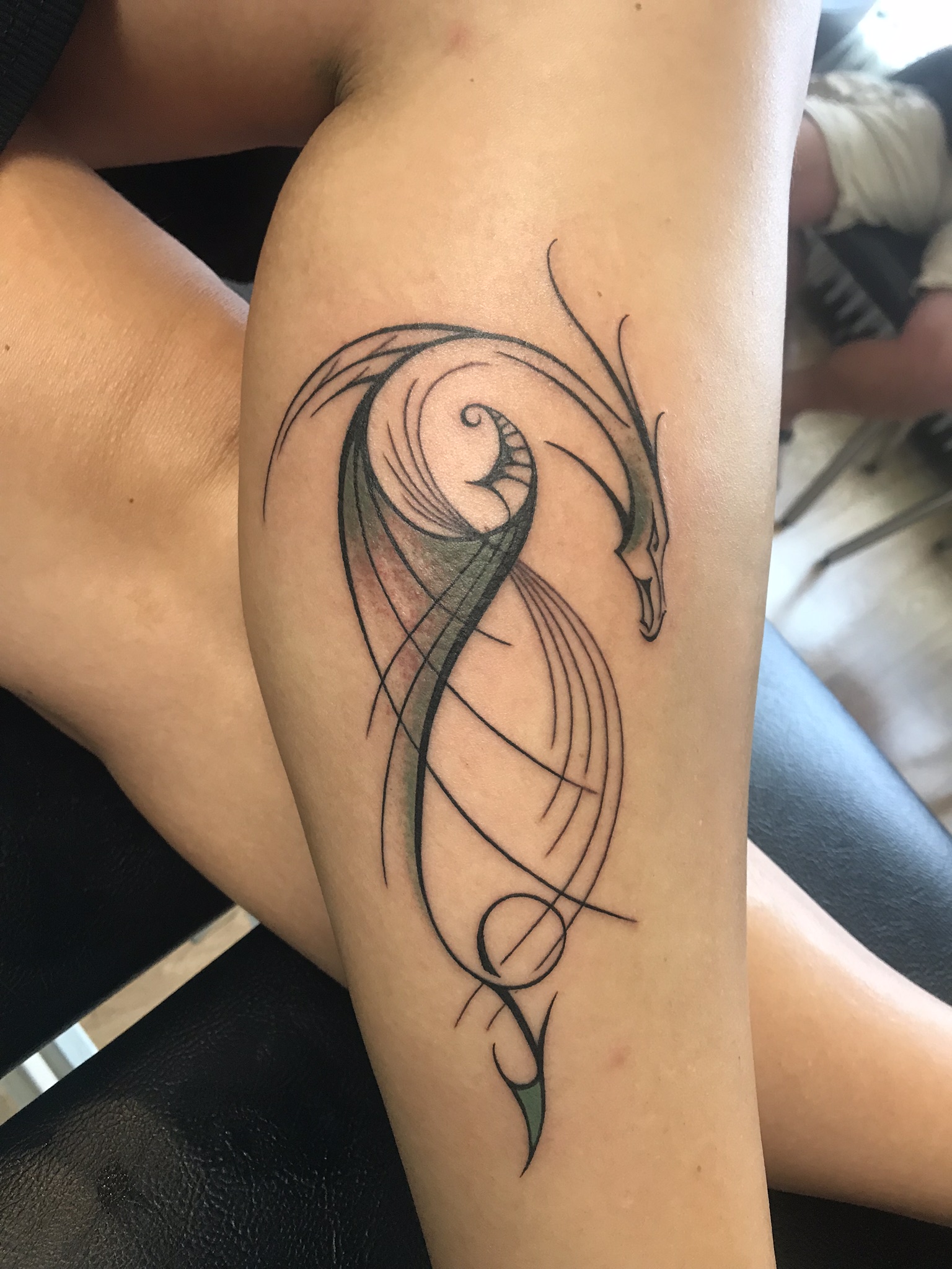 Abstracte, gestileerde draak of feniks tattoo met groene schaduw op onderbeen.