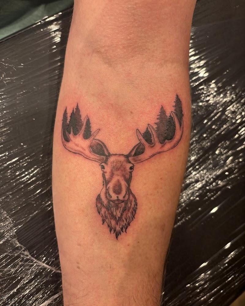 Elandkop met een boslandschap verwerkt in het gewei, zwart-wit.