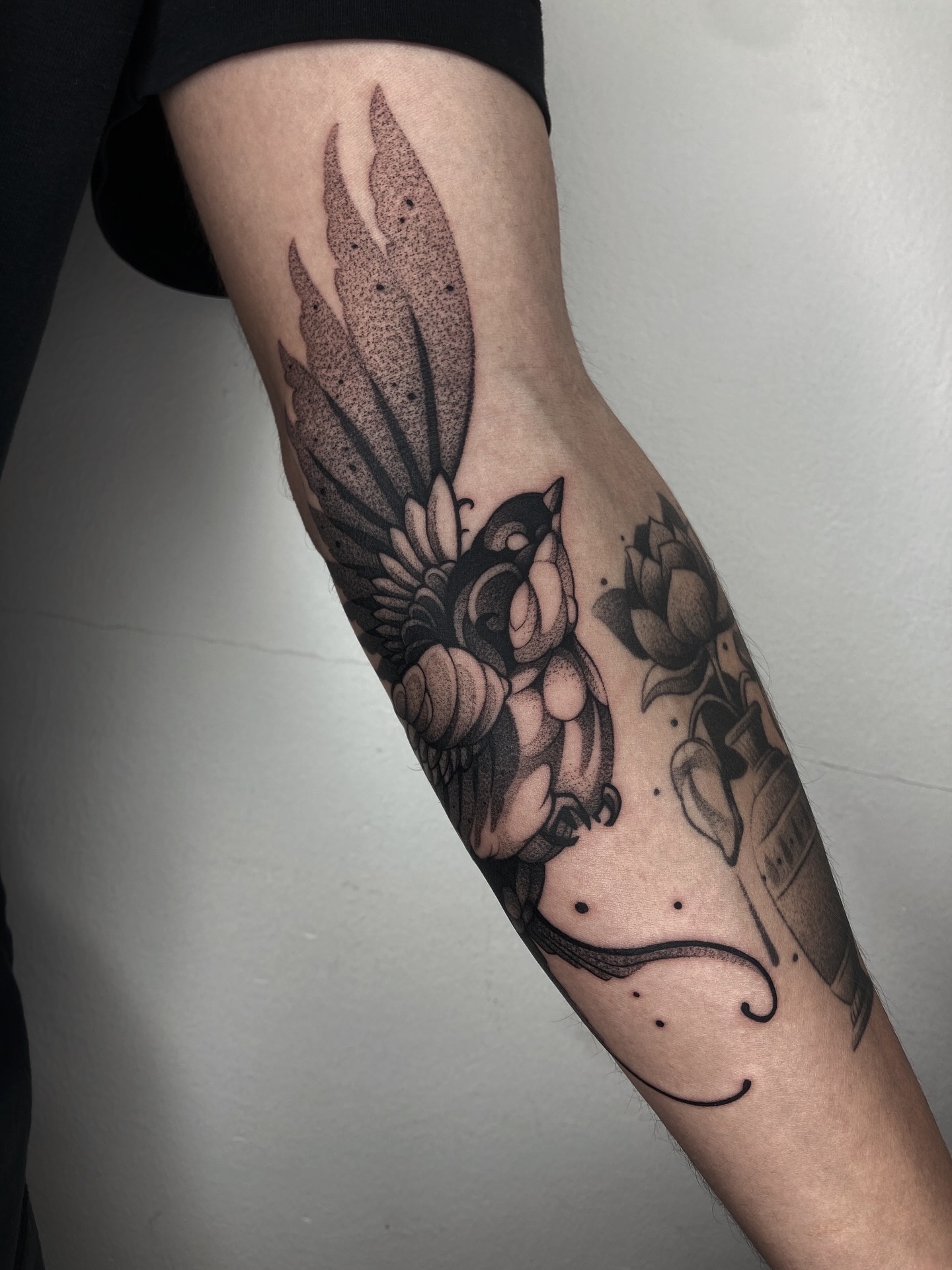 Zwart-wit dotwork tattoo van een vogel op de onderarm.