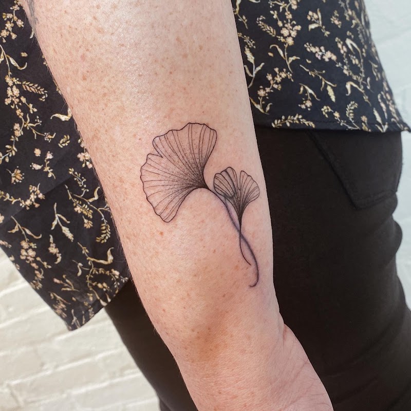 Fineline tattoo van twee ginkgo bladeren op de onderarm.