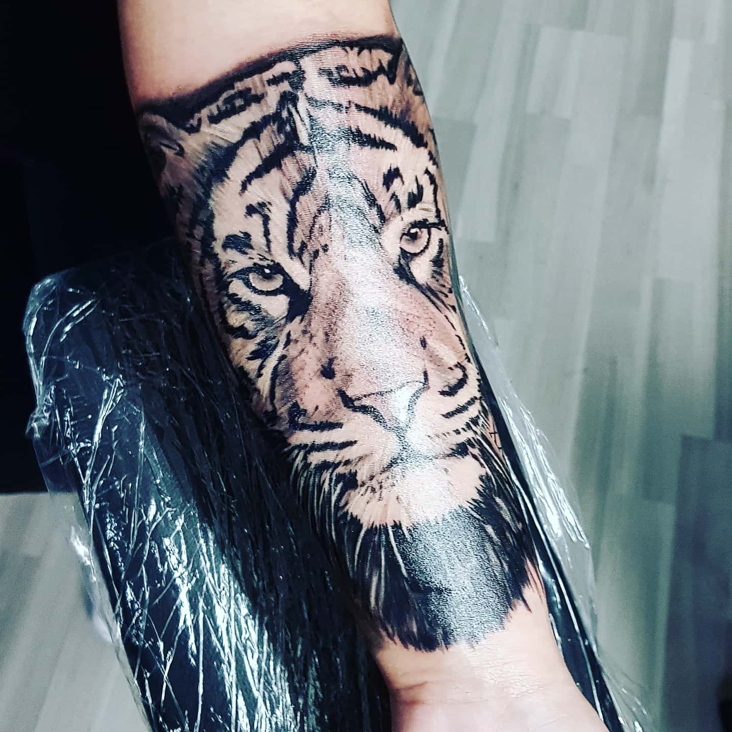 Realistische zwart-wit tijgerkop tattoo op onderarm.