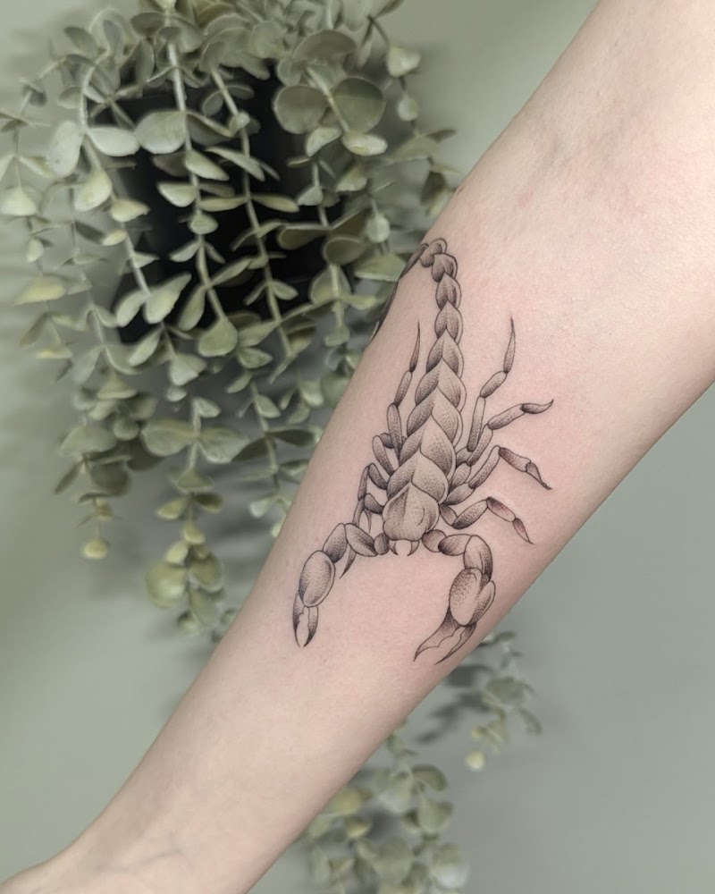 Fineline schorpioen tattoo op de onderarm met dotwork details.