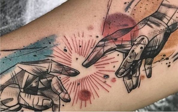 Schetsmatige 'Schepping van Adam' handen met aquarel effecten.