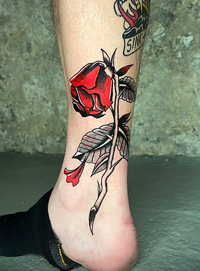 Traditionele rode roos met doorns op de enkel.