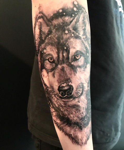 Realistische wolf tattoo op de onderarm, met sneeuwvlokken.