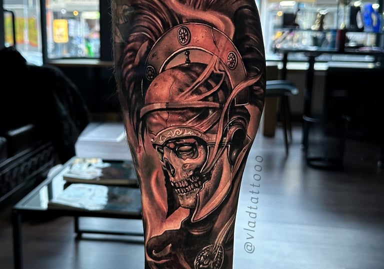 Realistische zwart-wit tattoo van een Romeinse soldaat schedel met helm.