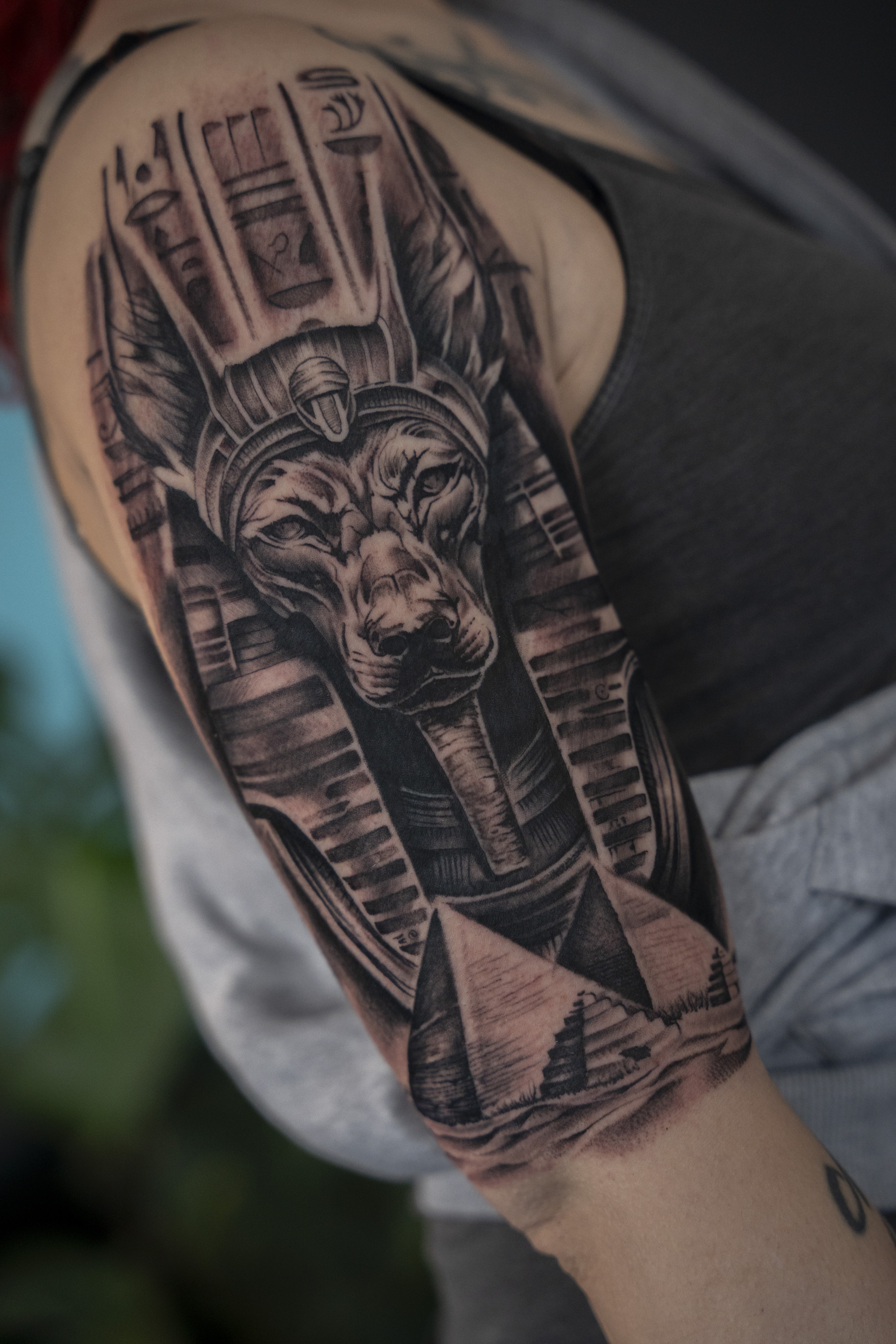 Realistische Anubis en piramides op bovenarm.