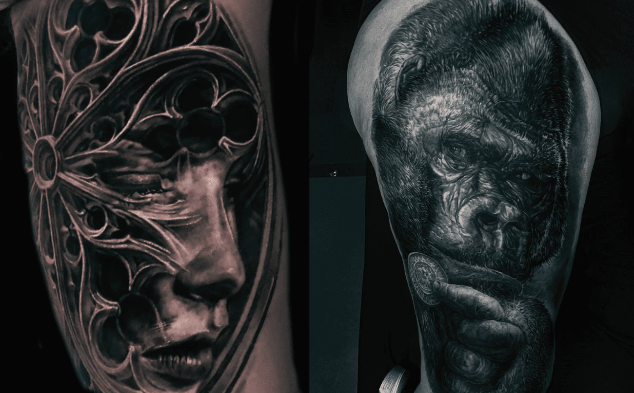 Twee realistische zwart-wit tattoos: vrouw met gotiek en gorilla met munt.