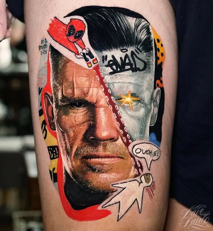 Realistisch portret van Cable met Deadpool en comic elementen.