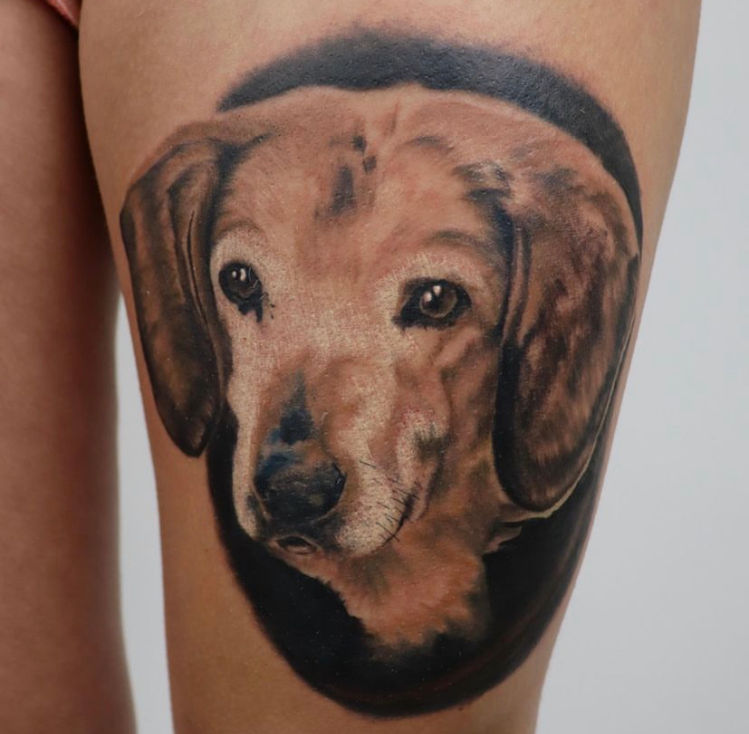 Realistisch portret van een bruine hond op het bovenbeen.