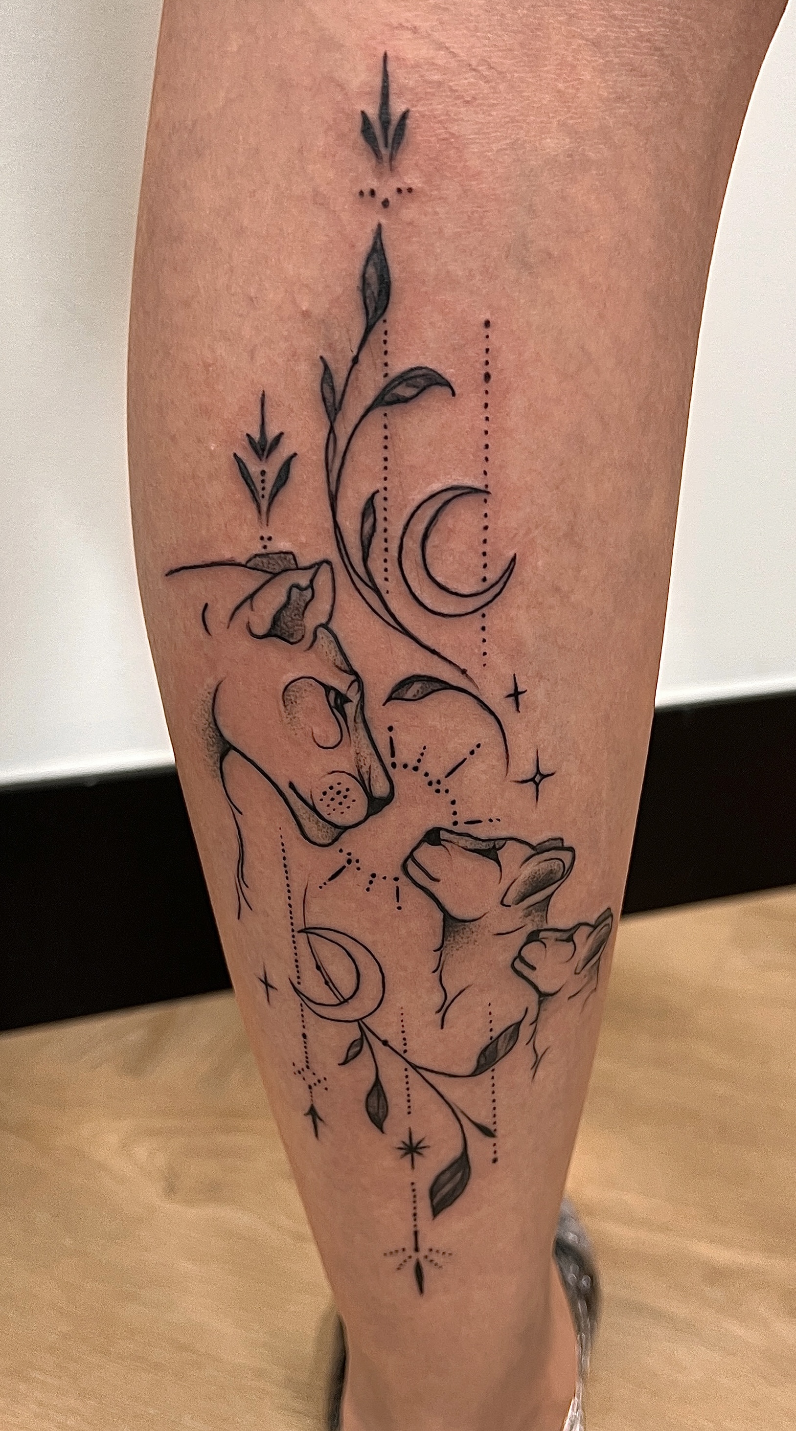 Fineline tattoo van een leeuwin met twee welpjes, maan en sterren.