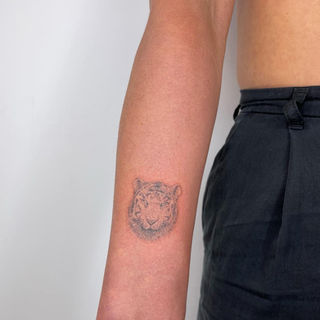 Kleine fineline tijgerkop tattoo op de onderarm.