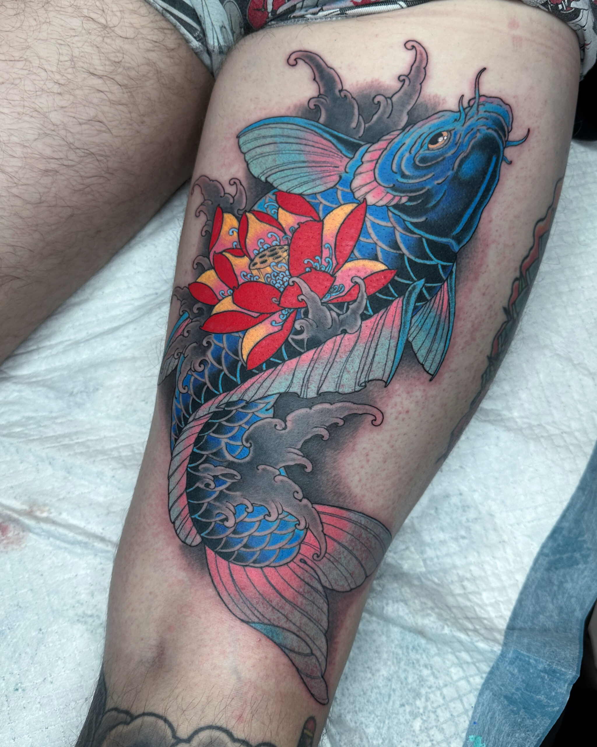 Kleurrijke Japanse koi karper met lotusbloem op bovenbeen.