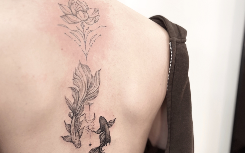 Fineline lotus en koi vissen op de rug.