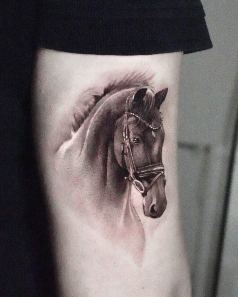 Realistisch portret van een paardenhoofd met hoofdstel op de bovenarm.