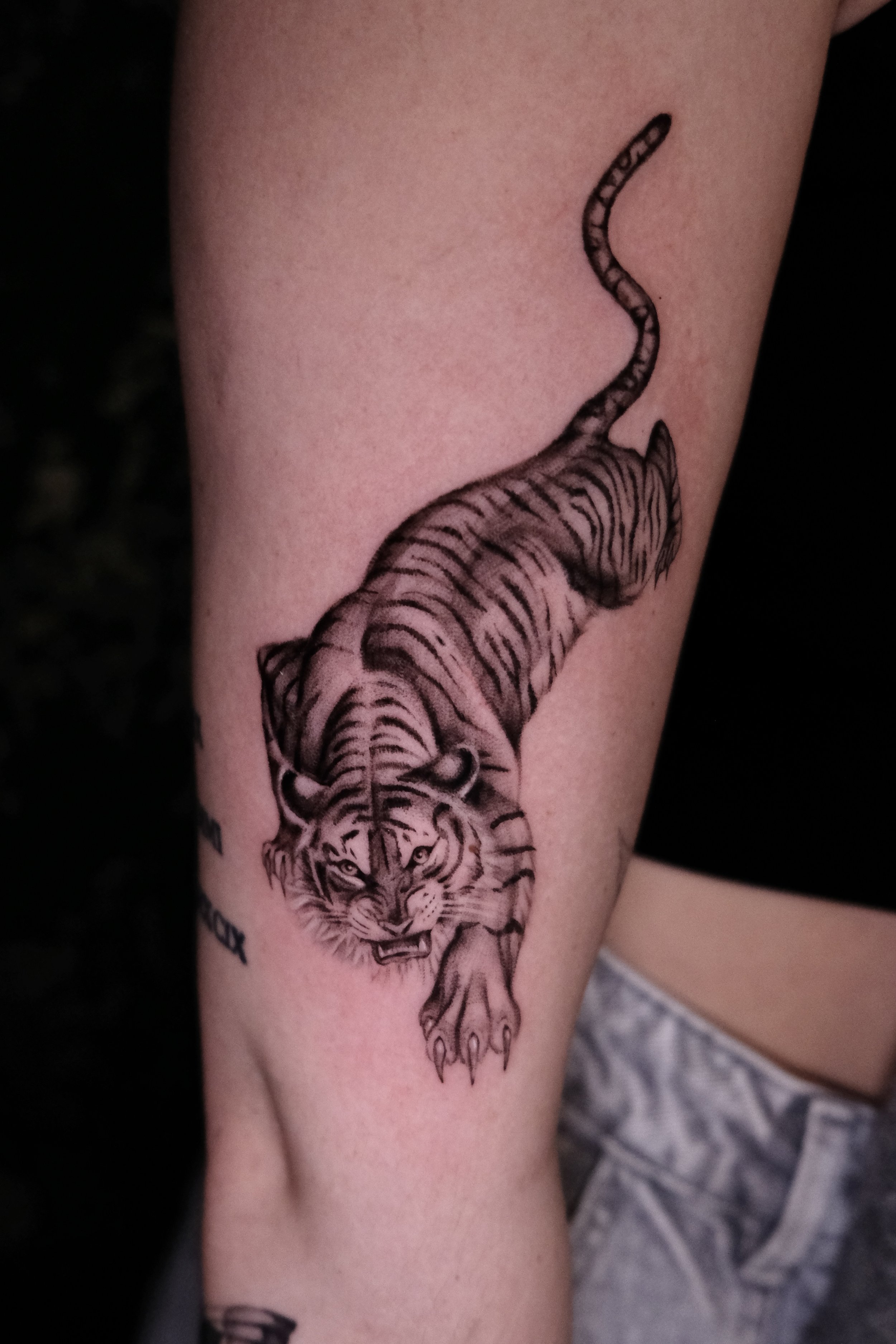 Realistische zwart-wit tijger tattoo op de bovenarm.
