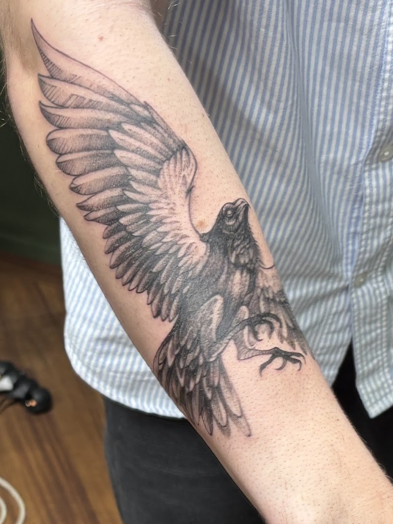 Zwart-wit tattoo van een vliegende roofvogel op de onderarm.