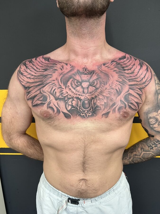 Grote zwart-wit uil met kroon en vleugels op de borst.